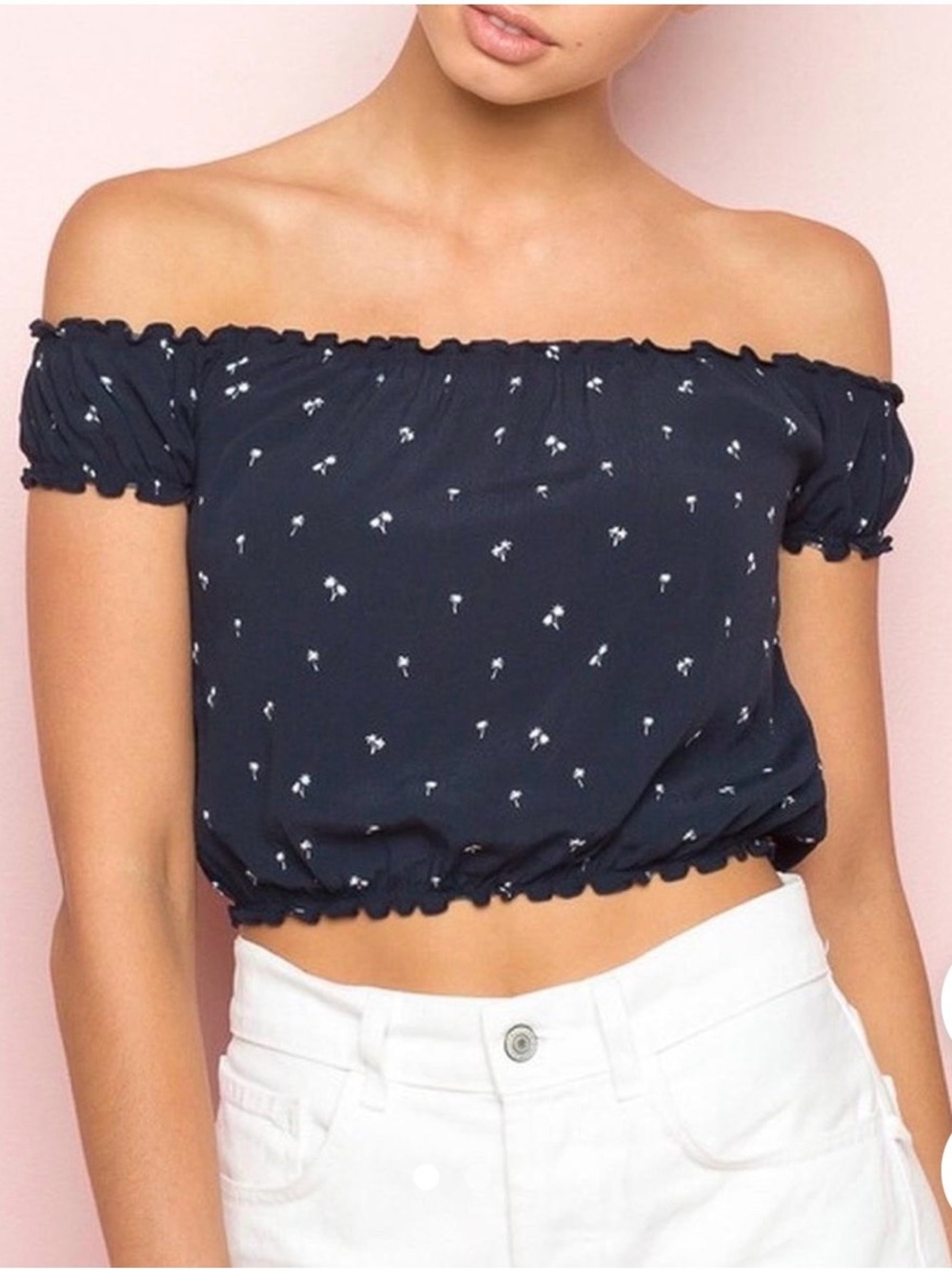 Brandy Melville Navy and White Palm Tree  Off the Shoulder Top One Size